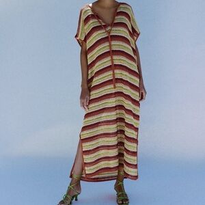 Zara Red and Cream Striped Crochet Kaftan Maxi Dress Size Small